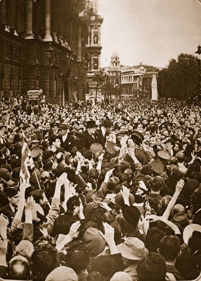 Churchill mobbed in Whitehall on VE Day, 8th May 1945 by English Photographer